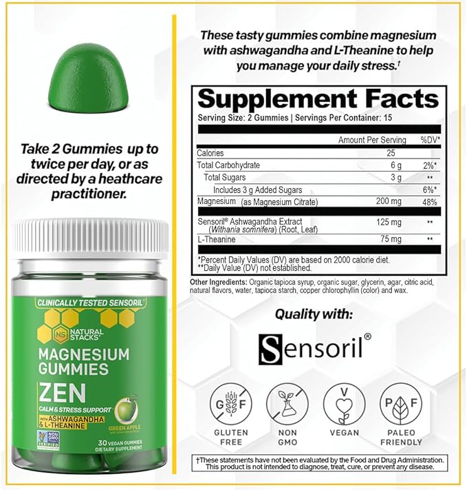 Zen Magnesium Gummies - 200mg Magnesium Citrate & 125mg Sensoril Ashwagandha Gummies - with L Theanine for Calm & Stress Support - Mag Citrate and Ashwagandha Supplement - 30 Green Apple Chewables