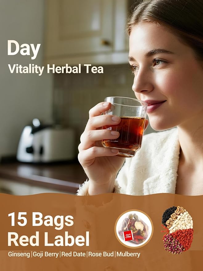 Ginseng Six Treasures Tea - 30 Bags (15 Day + 15 Night), The Daily Glow Duo: Energy & Beauty Tea, Caffeine-Free, Pure Herbal Blend with 10 Traditional Chinese Herbs, Gentle Energy & Focus for Women