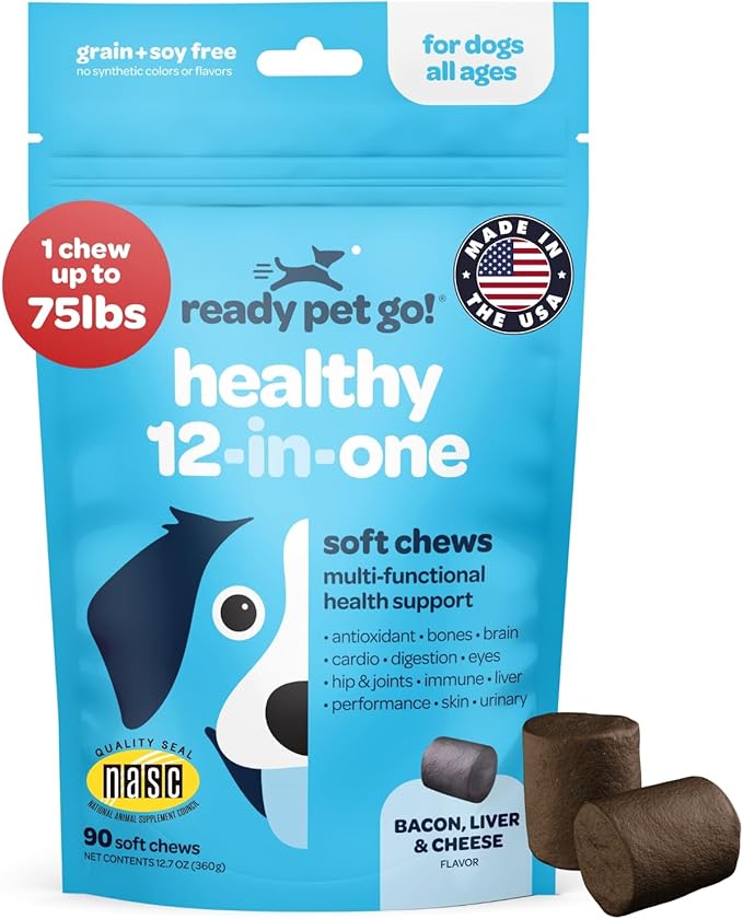 12-in-1 Complete Multivitamin for Dogs | Dog Multivitamin Chewable with Glucosamine Chondroitin & Digestive Probiotics for Dogs of All Ages and Sizes | NASC Certified & Made in The USA | 90 Chews