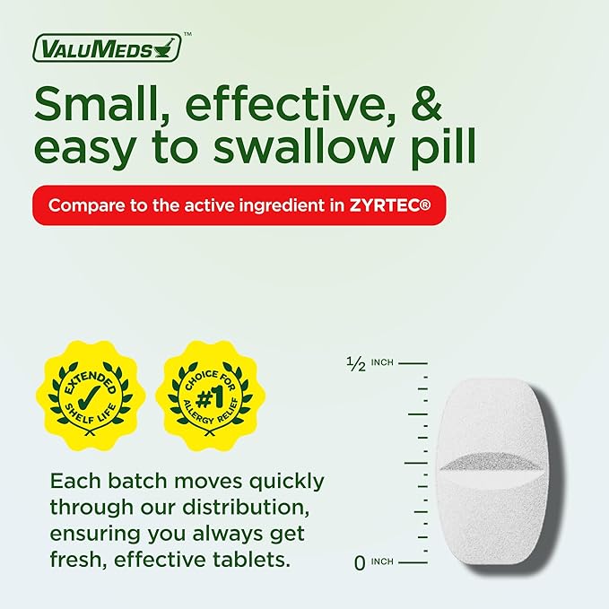 ValuMeds 24-Hour Allergy Medicine Antihistamine for Pollen, Hay Fever, Dry, Itchy Eyes, Allergies | Cetirizine HCl 10mg Caplets, Compare to Leading Brand (500 Count)