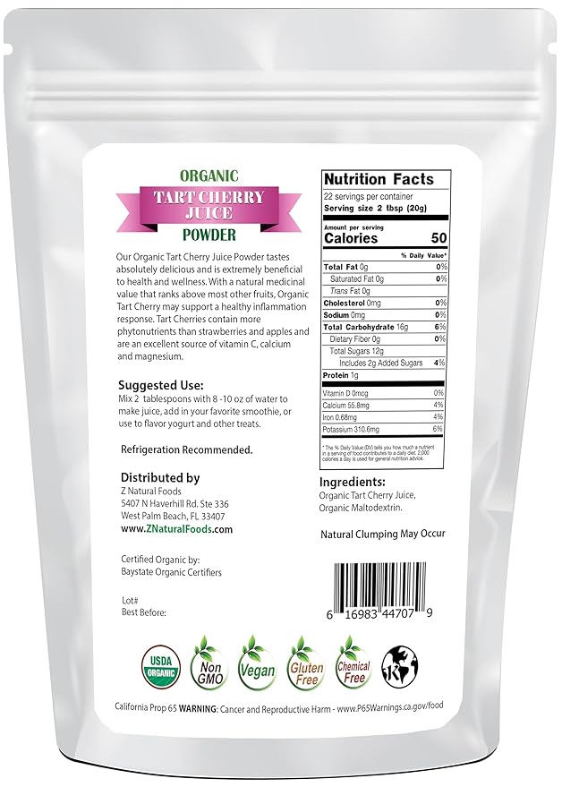 Z Natural Foods Organic Tart Cherry Juice Powder, Superfood Powder Designed to Promote Quality Sleep, Ideal for Juice, Smoothies, and Recipes, Non-GMO, Vegan, Gluten-Free, Kosher, 1 lb.