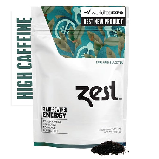 Zest 150mg High Caffeine Energy Loose Leaf Blend - Earl Grey Black Tea - 4 Oz - Hot or Iced - All Natural Strong Flavored Healthy Coffee Alternative Highly Caffeinated Substitute - Perfect for Keto