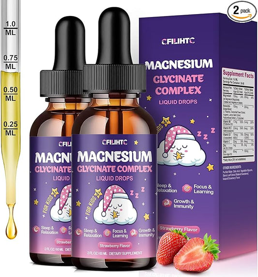 2 Pack Magnesium Glycinate Liquid for Kids - Magnesium Bisglycinate Drops with L-Theanine, Chamomile & Vitamin B6, B12, C, D3 for Sleep, Relaxation, Immune Support, Calm & Focus - 2 Fl Oz, Strawberry
