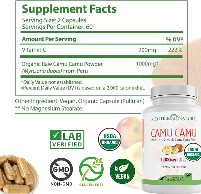 Organic Vitamin C from Camu Camu Capsules 1,000mg, Packed with Natural VIT C, Raw Antioxidants - Immune Support Supplement & Anti-Aging for Skin - Powder Organic, Vegan, Non-GMO (120 Count)
