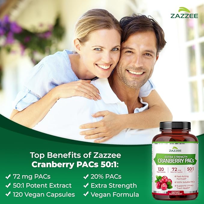 Zazzee Cranberry PACs, 72 mg PACs per Capsule, 2X Strength, 100% Soluble, 120 Vegan Capsules, 50:1 Extract, 18,200 mg Strength, Fast-Acting, Effective Urinary Tract UTI Support, Made in The USA