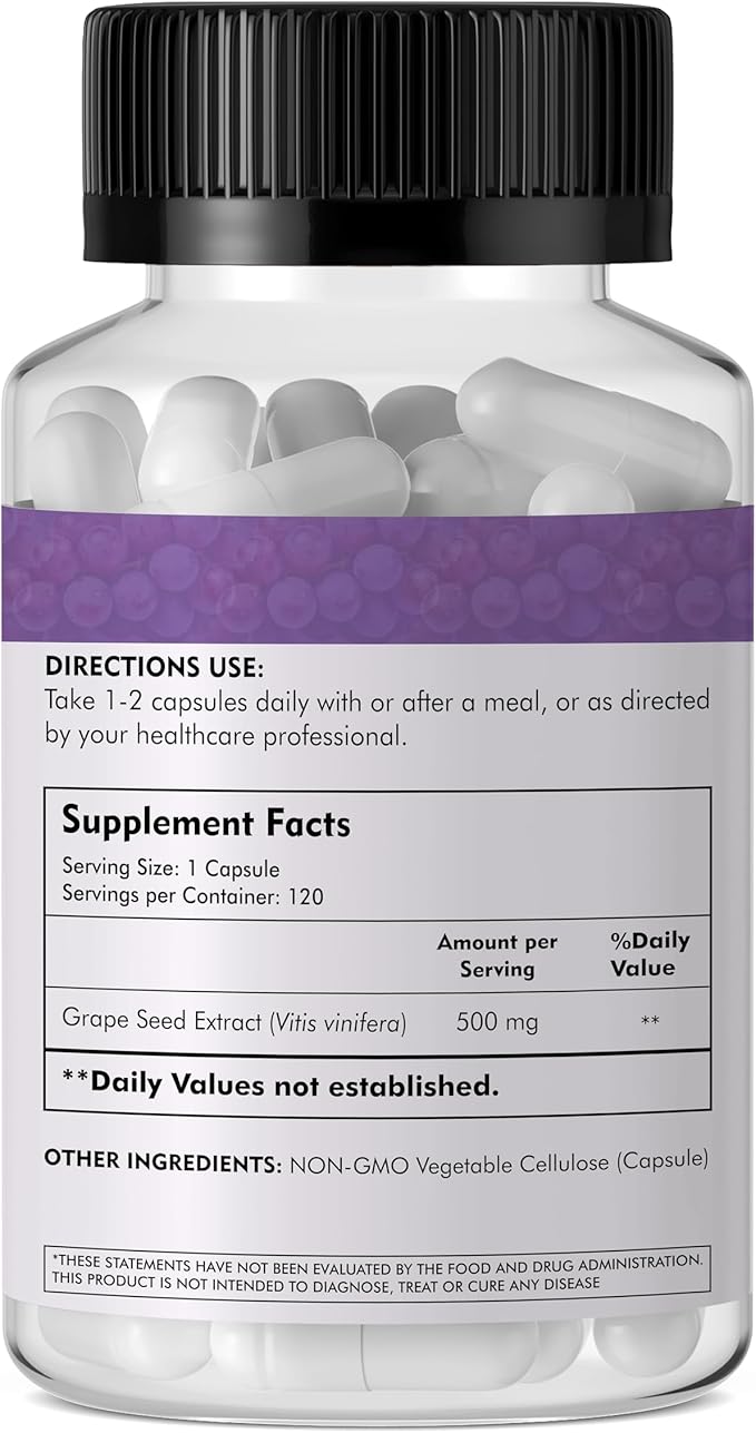 Grape Seed Extract, Maximum Strength 500 mg (a Highly Concentrated Extract with a Minimum of 90% Polyphenols), 120 Veg Capsules