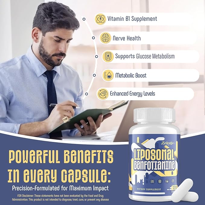 Zaigon Benfotiamine Thiamine Vitamin B1 Supplement, 600mg Liposomal Fat Soluble VIT B1 with Alpha-Lipoic Acid for Men & Women, Energy Boost, Glucose Metabolism & Nerve Support (240 Vegan Capsules)