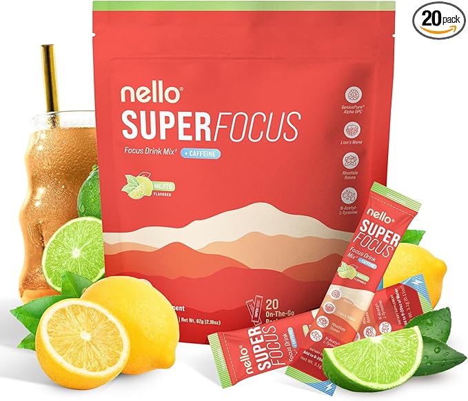 Nello Superfocus Mojito with Caffeine– Nootropic Focus Drink Mix, 20 On-The-Go Packets, Alpha GPC, Lion’s Mane, Rhodiola, Sugar-Free