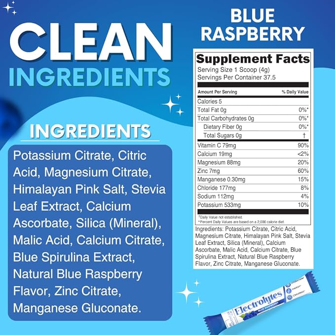 Zero Sugar - Blue Raspberry Electrolytes Powder - Refreshing Hydration - Caffeine Free Energy - All Natural Ingredients - Vegan, Keto and Paleo - Sugar Free Electrolyte Powder Drink Mix - 15 count
