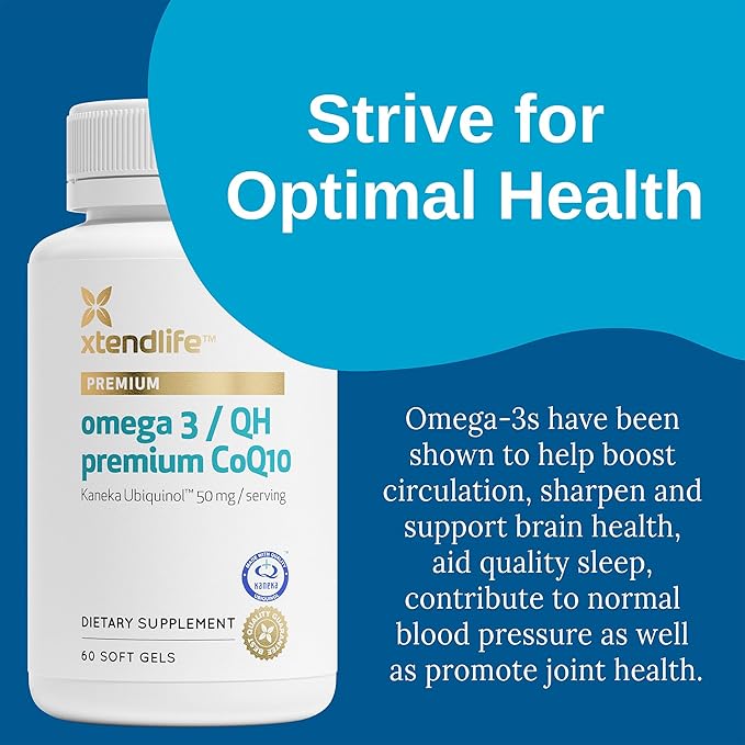 Xtendlife Omega 3 QH Premium CoQ10 Fish Oil - with DHA, EPA, and Ubiquinol - Includes Astaxanthin and Lycopene for Heart, Brain, Joint, and Skin Health - 1 Month Supply (60 Count)