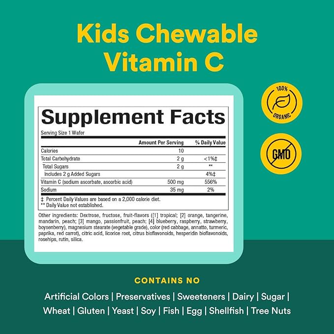 Natural Factors, Kids Chewable Vitamin C 500 mg, Supports Immune Health, Bones, Teeth and Gums, Tropical, 180 Count (Pack of 1)