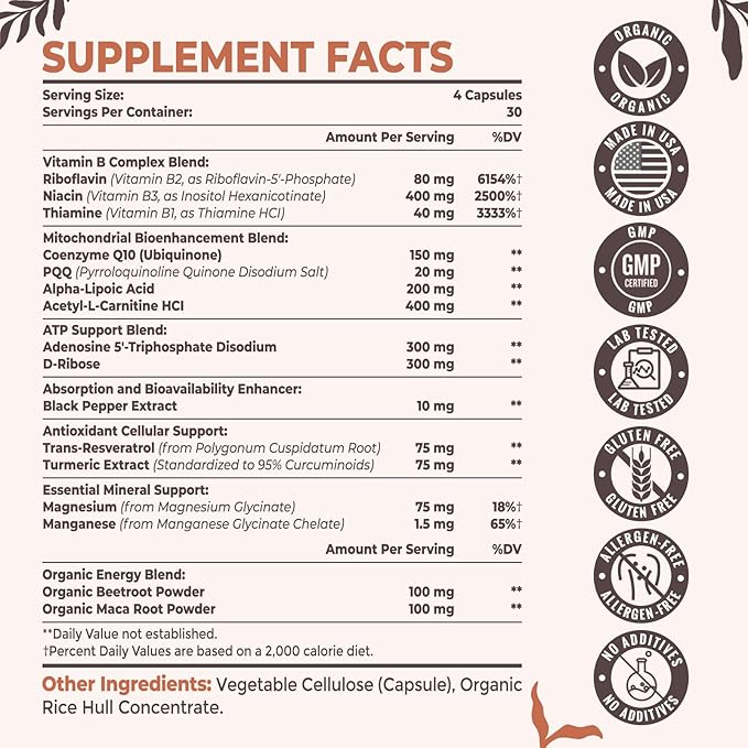 2326 MG Mitochondrial Supplements with ATP, Vitamins, CoQ10 & PQQ, More Effective Than Creatine HMB & Nitric Oxide, Energy, Endurance, Strength, Recovery & Muscle, Organic, 720 Capsules