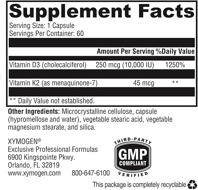XYMOGEN K2-D3 10000 - Vitamin D3 K2 - Bioavailable Vitamin D 10,000 IU (Cholecalciferol) with MK-7 - Heart, Arterial, Bone Health + Immune Support Supplement (60 Capsules)