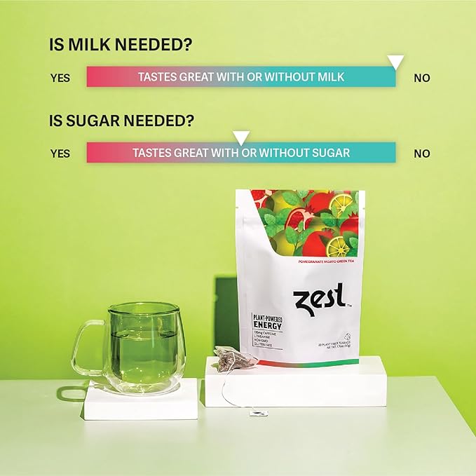 Zest Energy Green Tea - Pomegranate Mojito - High Caffeine Peppermint Tea Bags - Caffeinated Coffee Altnernative/Substitute - Natural, Non-GMO & Keto Friendly - Hot or Iced - 20Ct Pack - 135mg Caf