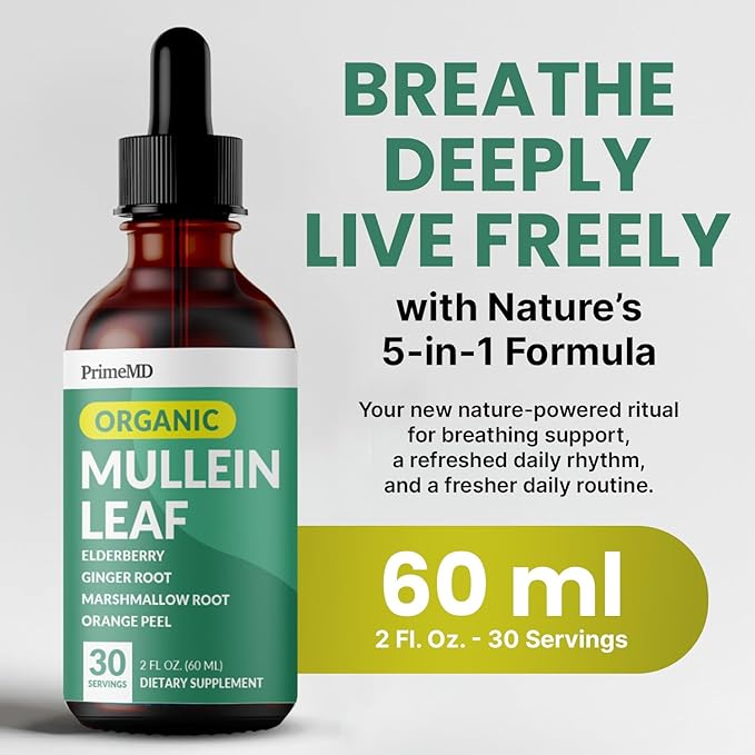 5-in-1 Mullein Drops for Lungs and Bronchial - Respiratory Lung Health Support with Mullen Leaf Extract for Lungs - Mullein Tincture with Elderberry, Echinacea and Ginger Root (60 Servings) (2-pack)