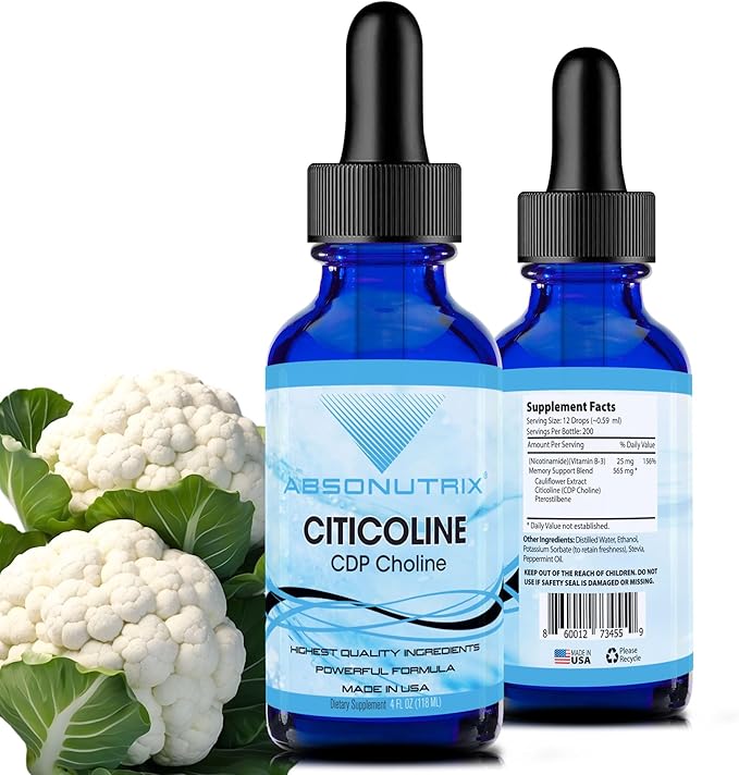 Absonutrix Citicoline 590 mg, 4 Oz Bottle, 200 Servings, Made in USA, Quick Absorption, Quality Potent Ingredients, Non-GMO, GMP Certified, Cruelty-Free Products