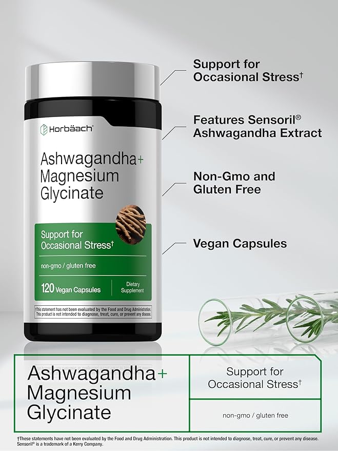 Horbäach Ashwagandha and Magnesium Glycinate | 120 Vegan Capsules | Support Supplement for Stress | Non-GMO, Gluten Free