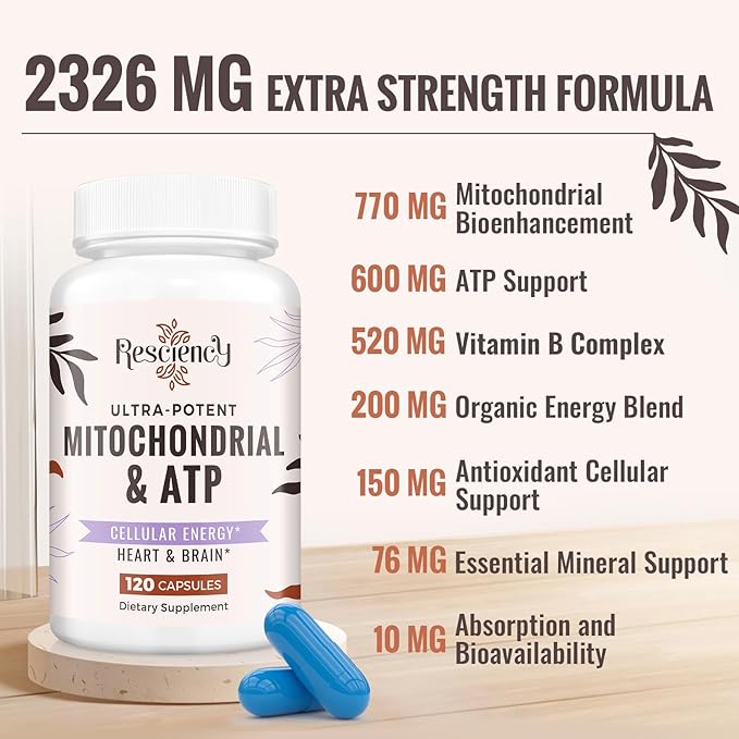 2326 MG Mitochondrial Supplements with ATP, Vitamins, CoQ10 & PQQ, More Effective Than Creatine HMB & Nitric Oxide, Energy, Endurance, Strength, Recovery & Muscle, Organic, 720 Capsules