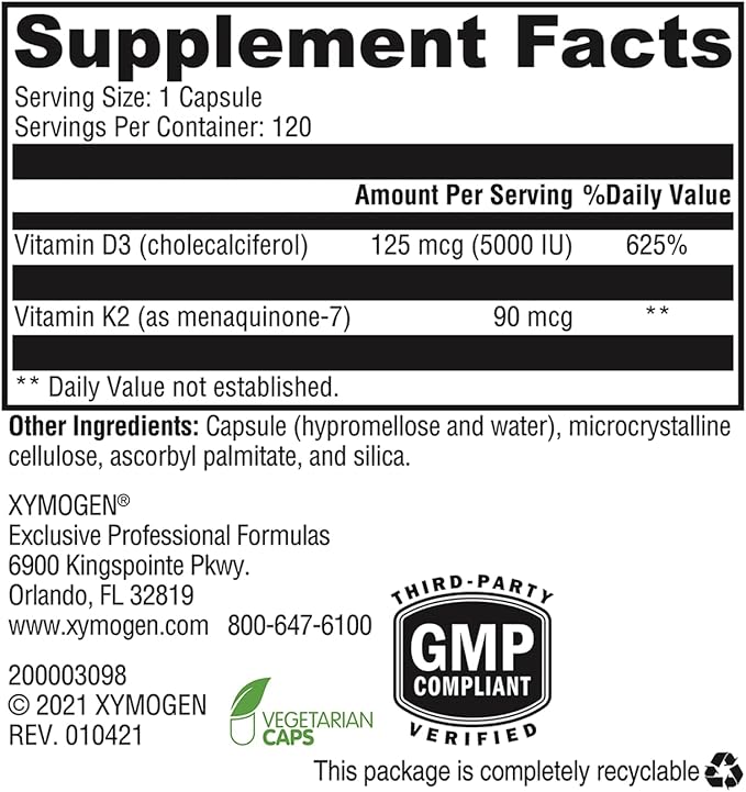 XYMOGEN K2-D3 5000 - Vitamin D3 K2 - Bioavailable Vitamin D 5000 IU (Cholecalciferol) with MK-7 - Heart, Arterial, Bone Health + Immune Support Supplement (120 Capsules)
