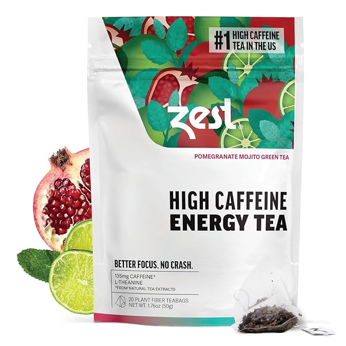 Zest Energy Green Tea - Pomegranate Mojito - High Caffeine Peppermint Tea Bags - Caffeinated Coffee Altnernative/Substitute - Natural, Non-GMO & Keto Friendly - Hot or Iced - 20Ct Pack - 135mg Caf