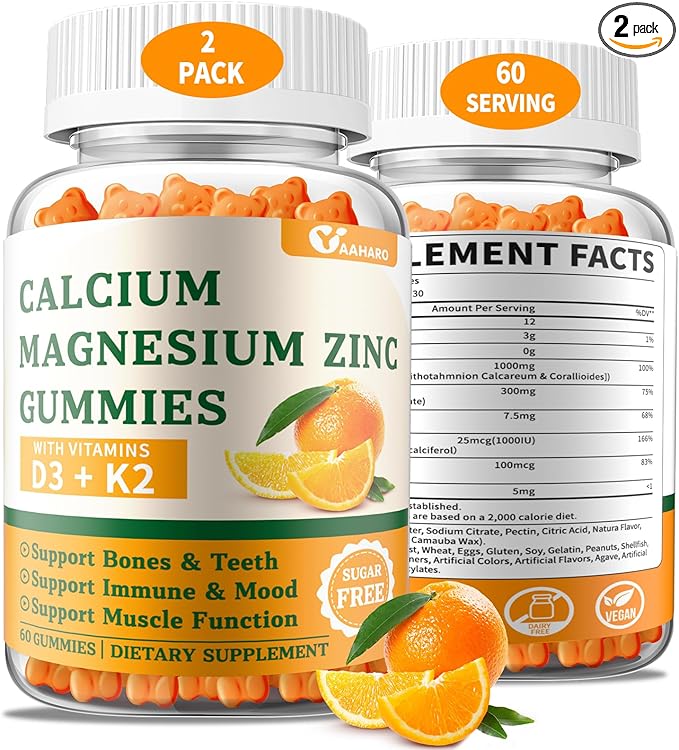 (2 Pack) Calcium Magnesium Zinc Gummies with Vitamin D3 & K2 - Sugar Free Calcium Gummies for Women and Men - Bone & Immune Support - Non-GMO, Gluten-Free, Orange Flavored - 120 Count