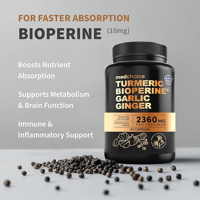 4-in-1 Turmeric and Garlic Supplements with Bioperine 2360 mg Turmeric Ginger Root Capsules with Garlic for Joint, Digestion & Immune Support (120ct, Pack of 3)