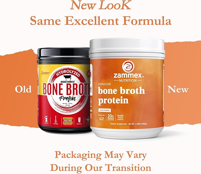 Zammex Pure Grass Fed Beef Bone Broth Protein Powder,20g Protein, Hydrolyzed Collagen Supplement for Healthy Skin,Nails,Hair,Joints, Non-GMO,Gluten Free,Paleo & Keto Friendly, Great in Soup