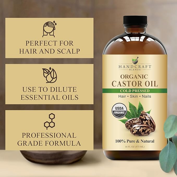 Handcraft Blends Cold-Pressed Organic Castor Oil 16 Fl Oz | Glass Bottle | 100% Pure and Natural | Premium Grade Carrier Oil | Hair, Eyelashes and Eyebrows | Hair and Body