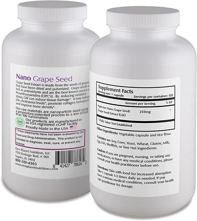 Nano Grape Seed Extract 250 mg Veggie Capsules (120 Servings), Nano for Enhanced Absorption, Supports Antioxidant Health for Vascular Health, Non-GMO, Vegan, Gluten Free