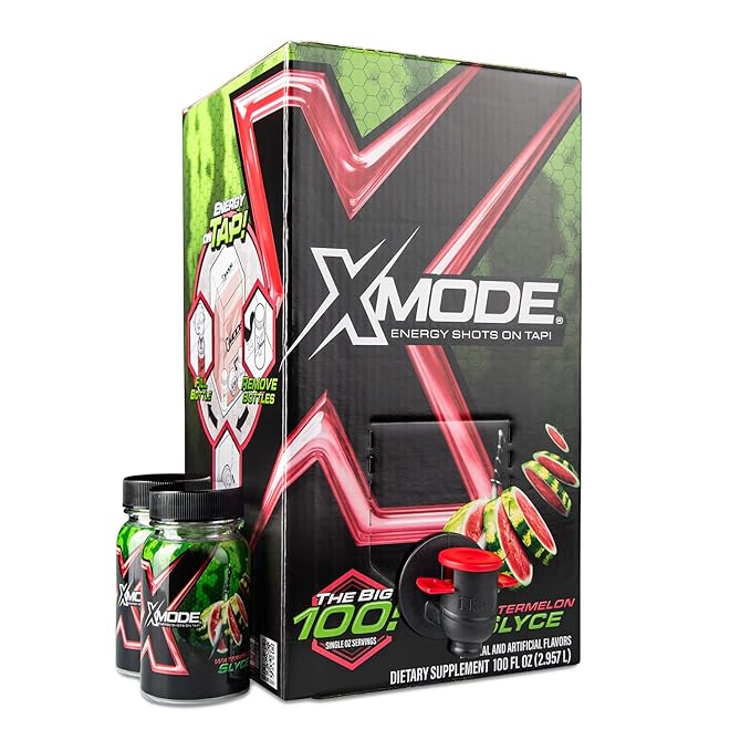 XMODE Energy Shots on Tap (Watermelon Slyce Flavor) – 100 Serving Dispenser with Refillable Bottles for On-Demand Energy at 150mg Caffeine Per Oz