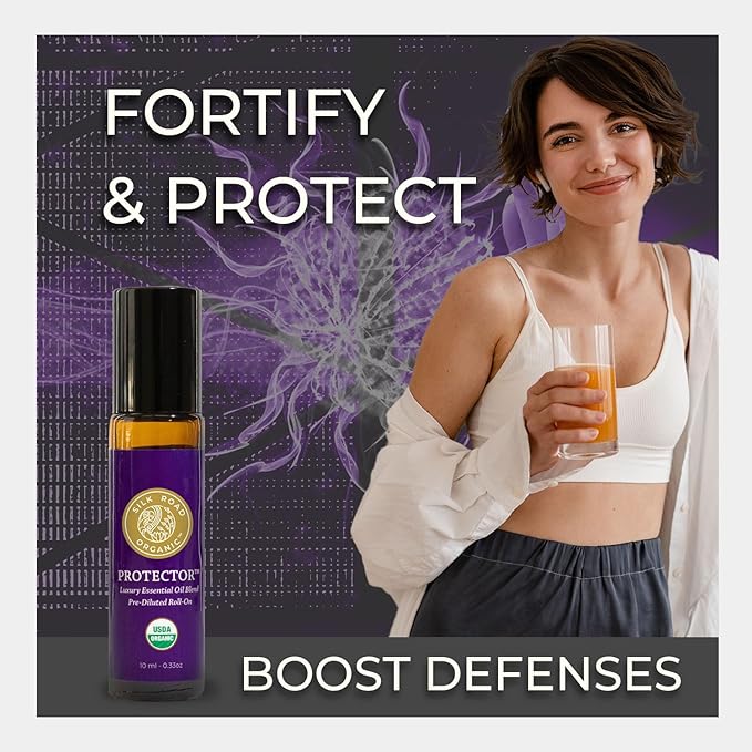 Silk Road Organic Protector Essential Oil Immunity Blend Roll On, Based on Thieves Oil Legend, 100% Pure USDA Certified Clove Bud, Cinnamon Bark, Rosemary, Lemon, Eucalyptus - 10 ml Roller