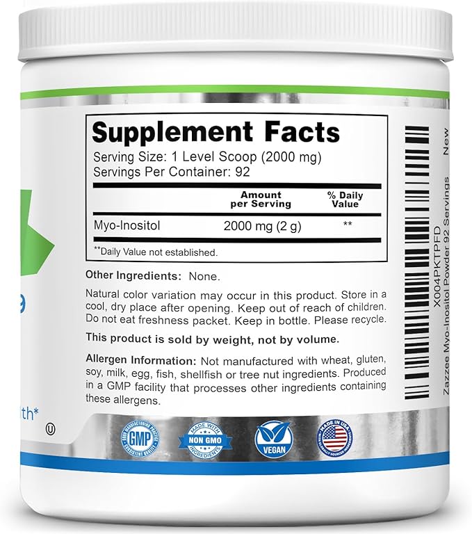 Zazzee Myo-Inositol Powder, 6 Month Supply, 183 Servings, 2000 mg per Serving, Free Scoop for Exact Dosage, 12.91 Ounces, 100% Pure, All-Natural Fertility and Reproductive Support, Vegan, Non-GMO