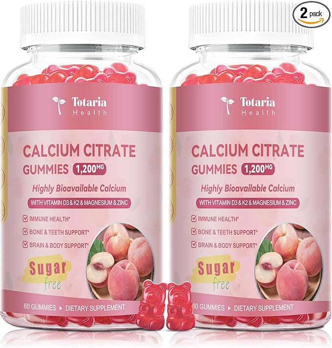2 Pack Calcium Citrate Gummies 1200 mg - Calcium Supplements for Women with Vitamin D3 & K2,Magnesium,Zinc - Sugar Free Calcium Gummies for Bone & Teeth & Immune Support- Peach Flavor