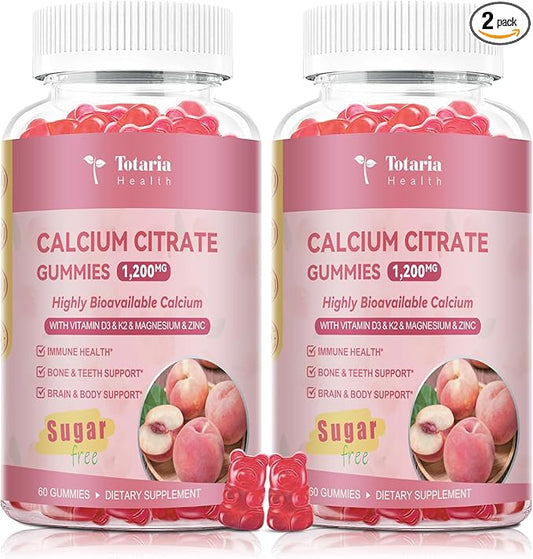 2 Pack Calcium Citrate Gummies 1200 mg - Calcium Supplements for Women with Vitamin D3 & K2,Magnesium,Zinc - Sugar Free Calcium Gummies for Bone & Teeth & Immune Support- Peach Flavor