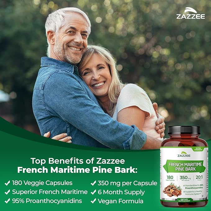 Zazzee Extra Strength French Maritime Pine Bark 20:1 Extract, 350 mg Per Capsule, 180 Vegan Capsules, 95% Proanthocyanidins, Kosher, 6 Month Supply, Standardized 20X Extract, Non-GMO, Made in The USA