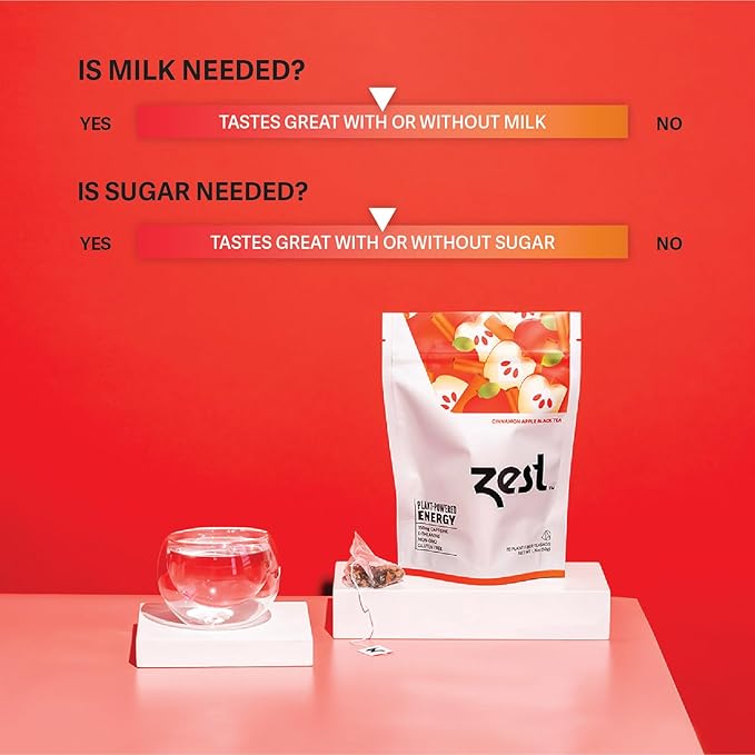 Zest Energy Tea - Cinnamon Apple Spice High Caffeine Black Tea Bags - Caffeinated Coffee Altnernative/Substitute - Natural, Non-GMO & Keto Friendly - Hot or Iced - 20Ct Pack - 150mg Caf