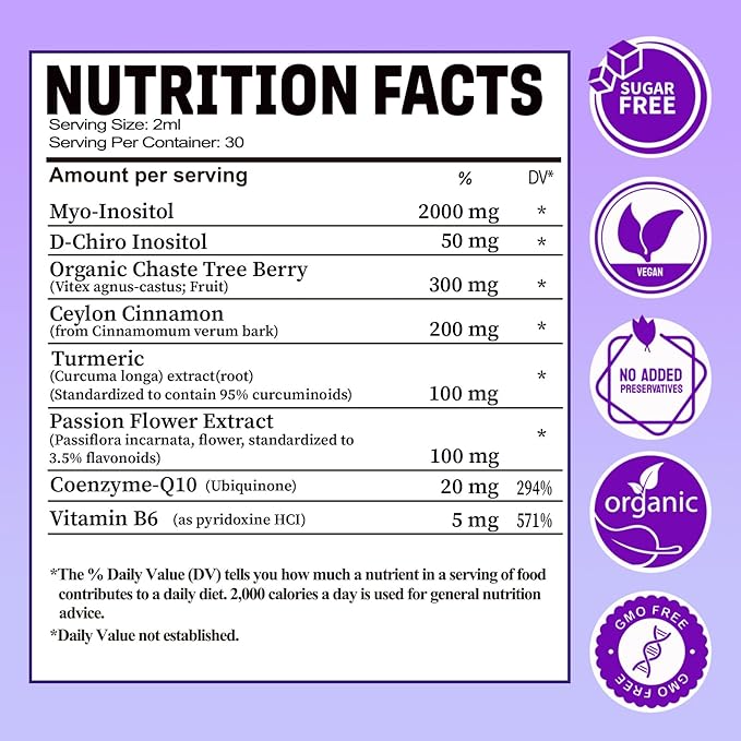 2 Pack Myo-Inositol & D-Chiro Inositol Supplement for Women Drops, Ideal 40:1 Ratio w. Organic Chaste Tree Berry, Ceylon Cinnamon Support Hormonal Balance & Ovarian, Cycle Regulation, Mood, Nerve