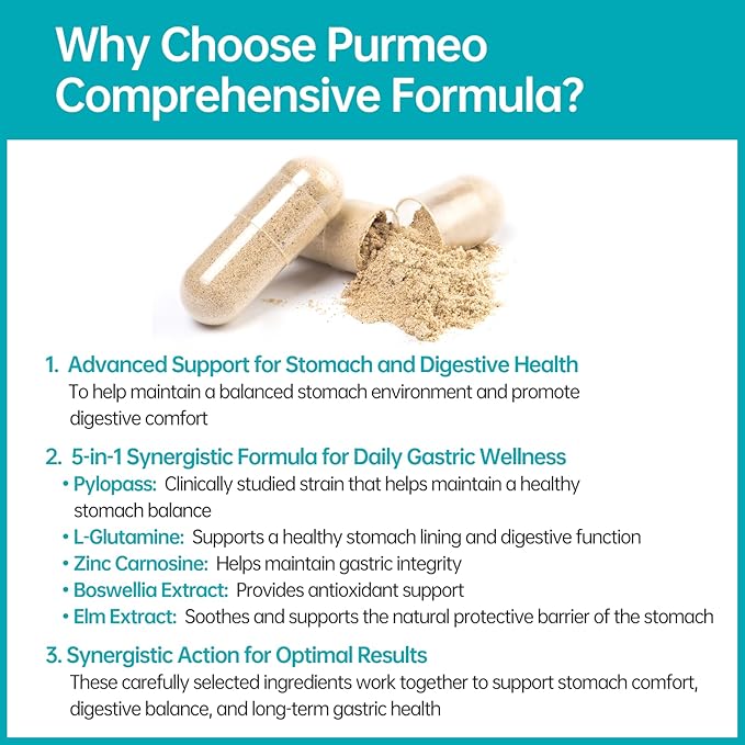 5 in 1 High Potency H. Pylori Formula Probiotics - 1 Per Day -Supports Stomach Comfort & Lining Health with Pylopass Lactobacillus Reuteri DSM17648 - Made in Germany
