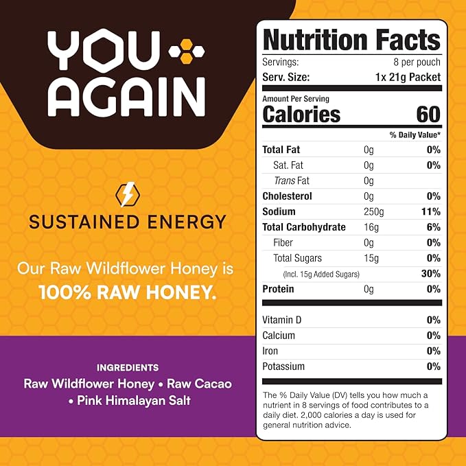 You Again Super Honey Clean Energy Gel, Variety Himalayan Salt & Salted Cacao | Electrolyte Replenishment Running Fuel | Endurance Workouts & Cycling Gel | Paleo & Carnivore Snack | USA Made | 16-Pk