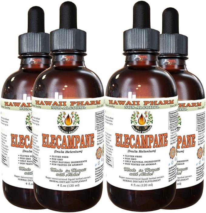 Elecampane Alcohol-Free Liquid Extract, Organic Elecampane (Inula Helenium) Dried Root Glycerite Hawaii Pharm Natural Herbal Supplement 4x4 oz
