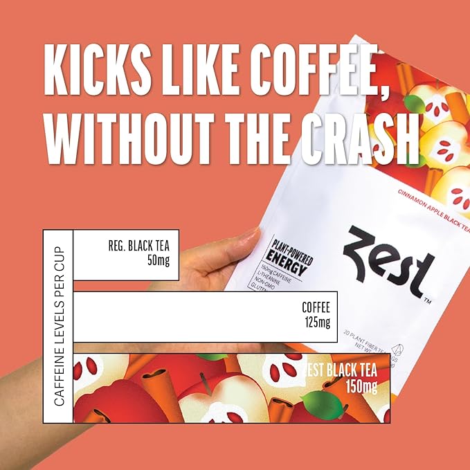 Zest Energy Tea - Cinnamon Apple Spice High Caffeine Black Tea Bags - Caffeinated Coffee Altnernative/Substitute - Natural, Non-GMO & Keto Friendly - Hot or Iced - 20Ct Pack - 150mg Caf