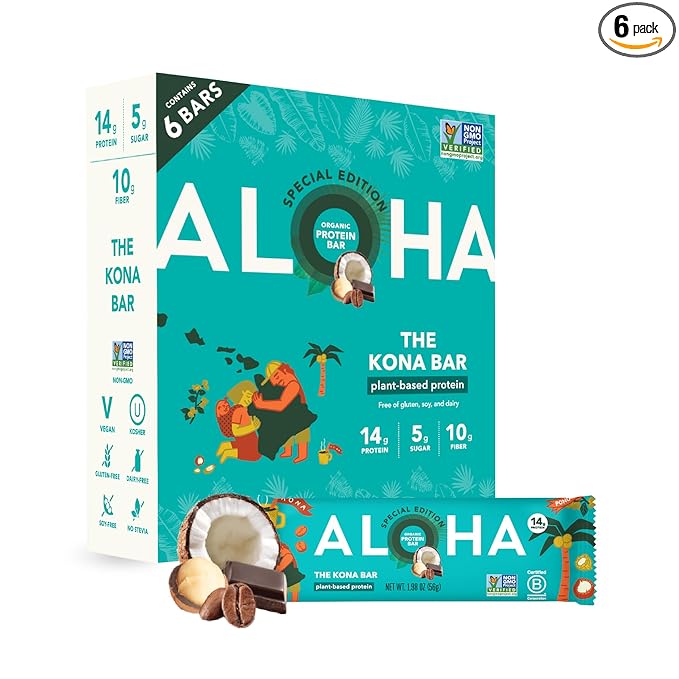 ALOHA Organic Plant Based Protein Bars | The Kona Bar - Special Edition | 6 Count, 1.98oz Bars | Vegan, Low Sugar, Gluten Free, Paleo, Low Carb, Non-GMO, Stevia Free, Soy Free, No Erythritol