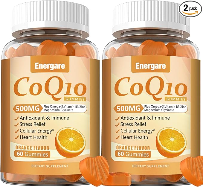 2 Packs CoQ10 500MG Gummies - 3X Better Absorption Coenzyme Q10 Supplements - Plus Omega-3, Magnesium, Vitamin B3 & Zinc for Heart Health, Cellular Energy & Antioxidant, 120 Cts