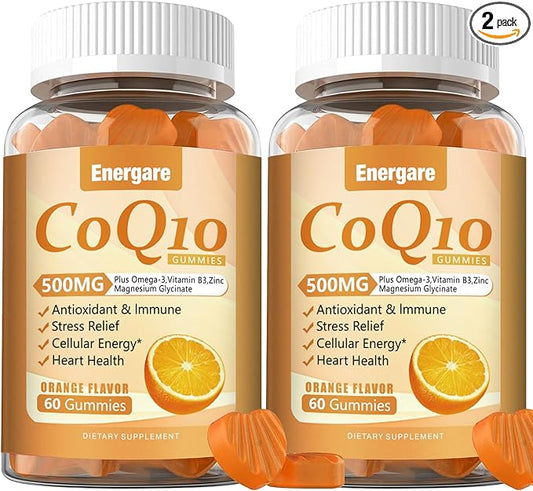 2 Packs CoQ10 500MG Gummies - 3X Better Absorption Coenzyme Q10 Supplements - Plus Omega-3, Magnesium, Vitamin B3 & Zinc for Heart Health, Cellular Energy & Antioxidant, 120 Cts