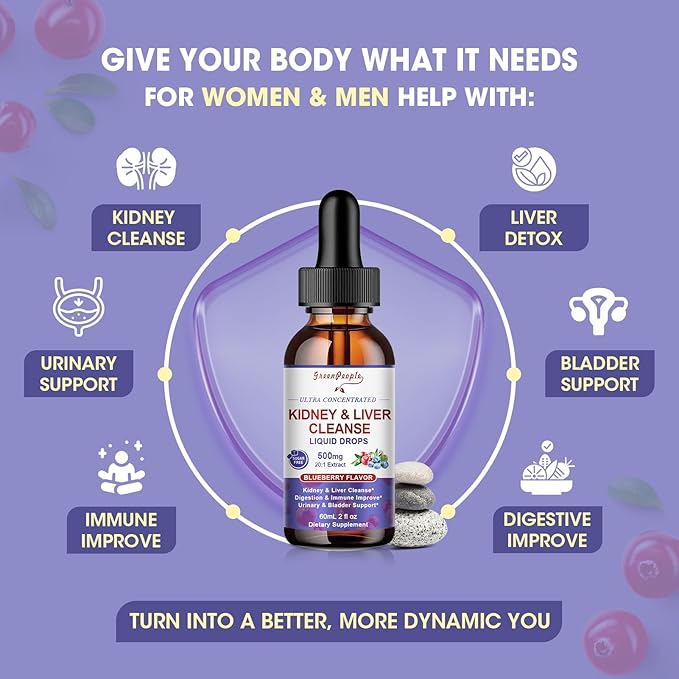 GREENPEOPLE Kidney Cleanse Detox & Repair - 27-In-1 Kidney & Liver Drops with 20:1 Cranberry Extract & Chanca Piedra, Alcohol-Free Supplement for Urinary Tract & Liver Support (2 Oz 3 Pack, Blueberry)