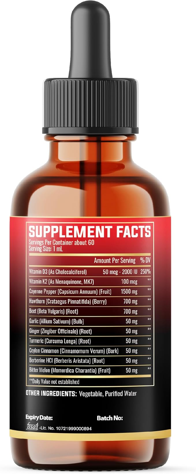 11in1 Cayenne Pepper Liquid Drops with Hawthorn Berry, Vitamin D3 K2, Beet Root, Garlic, Ginger, Ceylon Cinnamon, Turmeric, Berberine and Bitter Melon - 60 Days Supply - 2Fl Oz