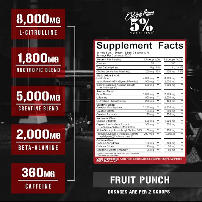 5% Nutrition Rich Piana Reloaded High Stim Pre-Workout | Ultra Energy, Focus, Pumps, Power & Endurance | Citrulline, GlycerSize, Nitrosigine, Creatine, Choline, Huperzine A (Fruit Punch)