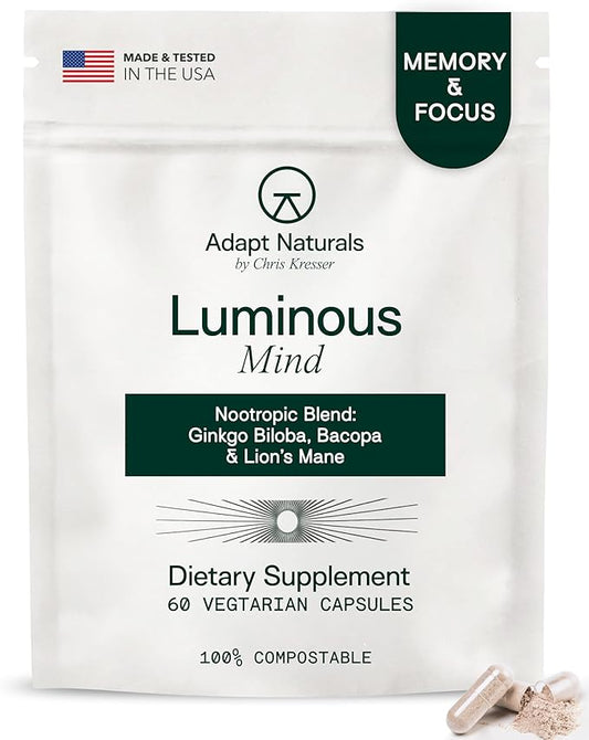 Adapt Naturals Luminous Mind Nootropic Brain Supplement with Ginkgo Biloba, Bacopa and Lions Mane | Memory, Focus, Mental Clarity and Elevated Mood Support | No Caffeine, Crash Free - 30 Days Supply