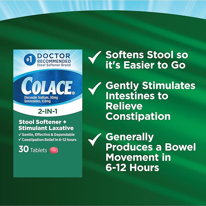 Colace 2-In-1 Stool Softener & Stimulant Laxative Tablets, Gentle Constipation Relief in 6-12 Hours, 30 Count