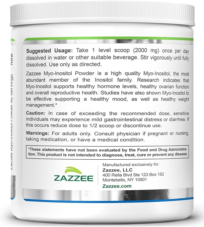Zazzee Myo-Inositol Powder, 3 Month Supply, 92 Servings, 2000 mg per Serving, Free Scoop for Exact Dosage, 6.49 Ounces, 100% Pure, All-Natural Fertility and Reproductive Support, Vegan, Non-GMO
